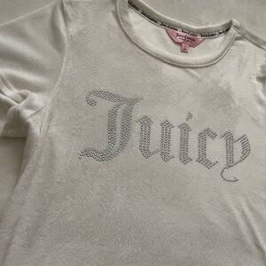 Juicy Couture Fuzzy White Baby Tee with Bedazzled Logo